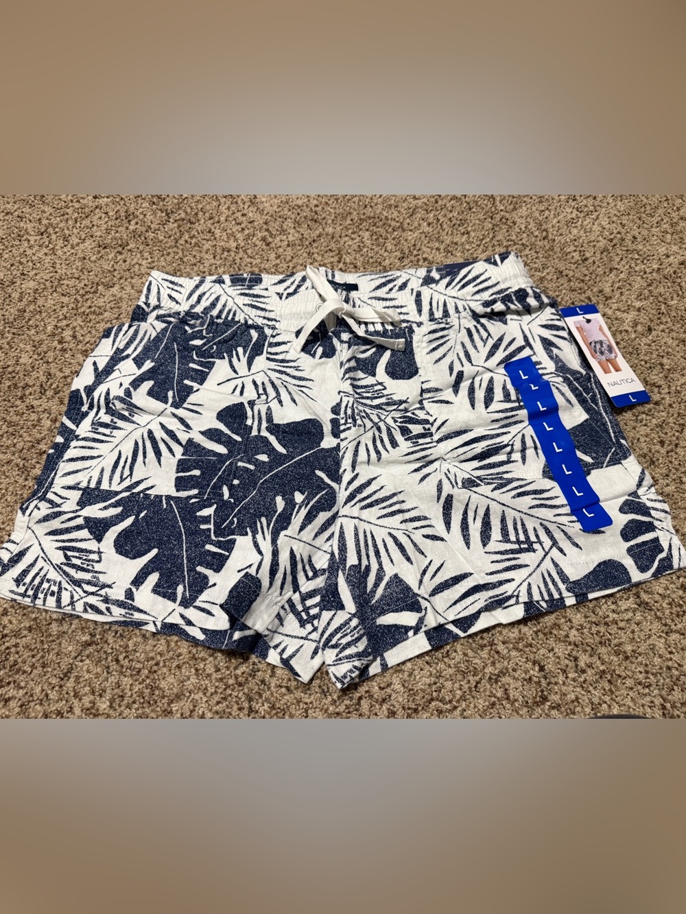 Nautica Linen Blend Tropical Side Pockets Elastic  Casual Shorts Womens L NWT